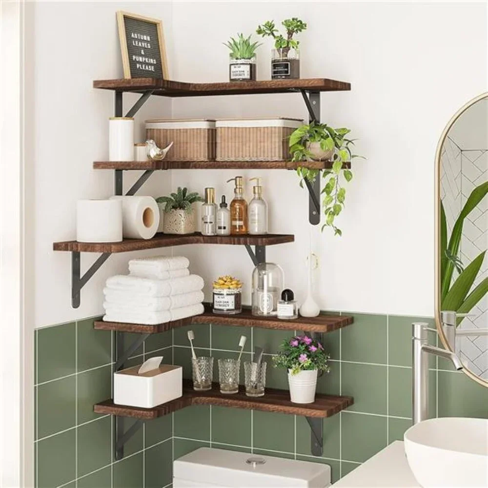 Floating Shelves for Wall, Rustic Wood Wall Mounted Corner Shelf for Bathroom